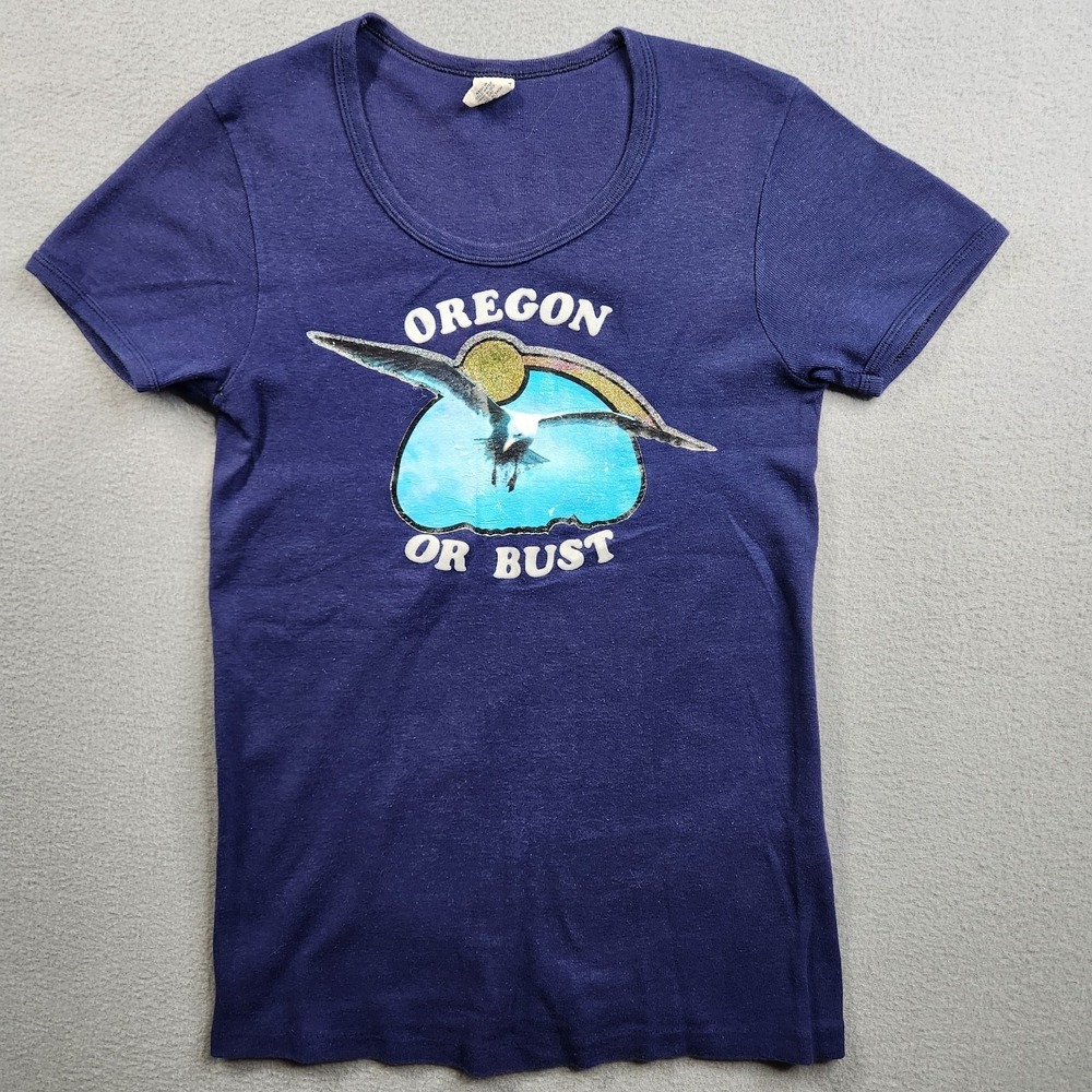 Vintage 70s Hanes French Cut Shirt Womens Large Blue Oregon Or Bust 80s USA Made